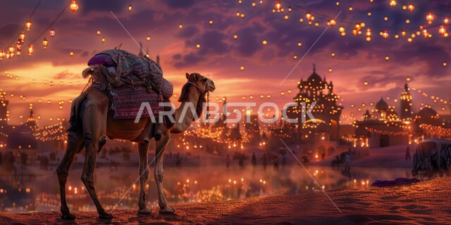 قربان وأضحية عيد الاضحى المبارك، رسومات توضيحية ثلاثية الابعاد لحيوان الجمل، زينة وفوانيس وأضواء وأنوار الأعياد السعيدة، الاحتفال بالمناسبات الدينيه الإسلاميه، تربية ورعاية الإبل والحيوانات في السعودية