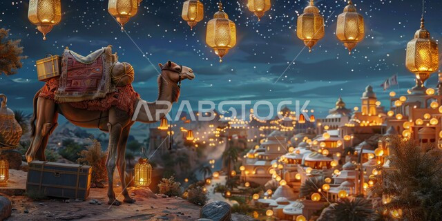 الاحتفال بالمناسبات الدينيه الإسلاميه، قربان وأضحية عيد الاضحى المبارك، رسومات توضيحية ثلاثية الابعاد لحيوان الجمل، زينة وفوانيس وأضواء وأنوار الأعياد السعيدة، تربية ورعاية الإبل والحيوانات في السعودية