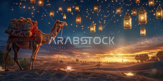 المناسبات والأعياد الدينيه الإسلاميه، قربان وأضحية عيد الاضحى المبارك، رسومات توضيحية ثلاثية الابعاد لحيوان الجمل، زينة وفوانيس وأضواء وأنوار روحانية، تربية ورعاية الإبل والحيوانات في السعودية