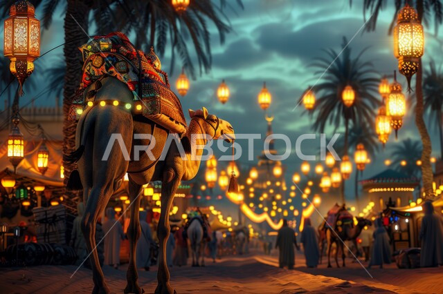 الأعياد والمناسبات الدينيه الإسلاميه، قربان وأضحية عيد الاضحى المبارك، رسومات توضيحية ثلاثية الابعاد لحيوان الجمل، زينة وفوانيس وأضواء وأنوار روحانية، تربية ورعاية الإبل والحيوانات في السعودية