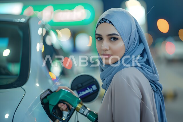 Looking at the camera with gestures of confidence, the concept of independence and self-reliance, a close-up photo of a veiled Saudi Gulf Arab woman wearing Islamic dress charging the car with gas, a gas station in the Kingdom of Saudi Arabia
