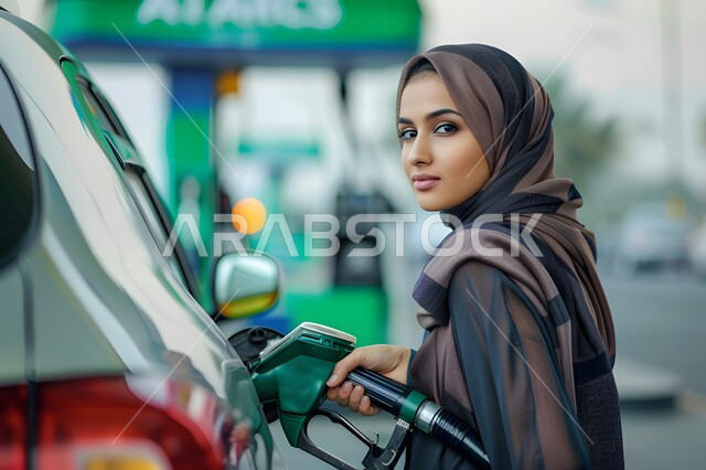 محطة بنزين في المملكة العربية السعودية، مفهوم الاستقلال والاعتماد على النفس، صورة مقربة لسيدة عربية خليجية سعودية محجبة ترتدي اللباس الاسلامي تقوم بشحن السيارة بالوقود