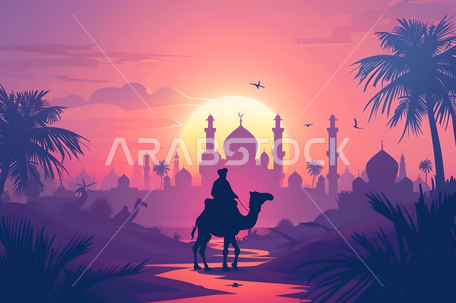 استخدام الحيوانات للتنقل في البادية، تربية المواشي في المحميات الطبيعية، الاهتمام برعاية الإبل والنوق العربية الأصيلة، صورة ظلية لرجل عربي خليجي سعودي يمتطي الجمل في وقت غروب الشمس، خلفية قبب ومآذن المساجد، سيلويت