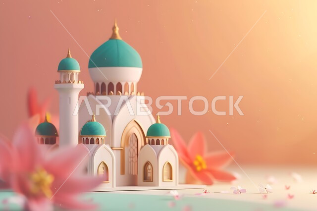 الفن الهندسي المعماري لبناء المساجد على الطراز الاسلامي، العبادة والتقرب إلى الله، أماكن دينية مقدسة، رسوم توضيحية لمسجد في المملكة العربية السعودية، خلفية برتقالية