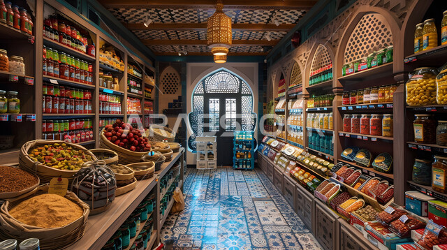 Centers and shops, quality of local national products and crops, purchasing household needs and supplies for the consumer, various goods and food items in supermarket shelves.