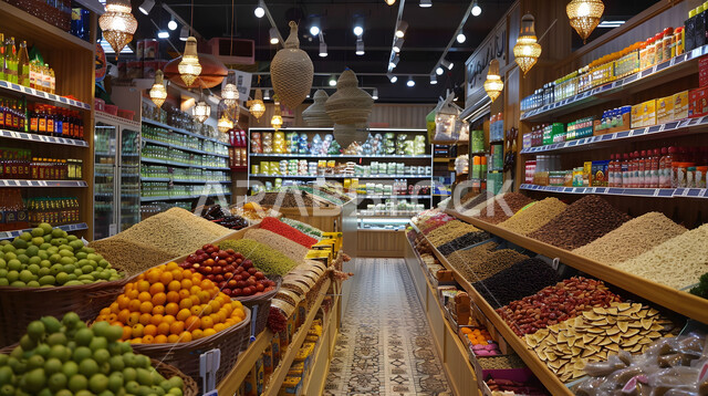 المراكز والمحلات التجارية، جودة المنتجات والمحاصيل الوطنية المحلية، شراء الاحتياجات والمستلزمات المنزلية للمستهلك، السلع والمواد الغذائية المختلفة في أرفف السوبرماركت