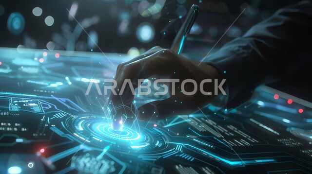 رؤية مستقبلية تكنولوجية سعودية 2030، تطوير تقنيات الذكاء الاصطناعي، تحقيق الثورة الصناعية، اعتماد التقنيات والتكنولوجيا الحديثة في العمل، التحول الرقمي والتقدم التقني، صورة مقربة ليد رجل عربي خليجي سعودي يقوم بالنقر على شاشة هيلوجرامية