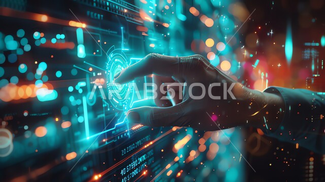 Digital transformation and technical progress, adopting modern techniques and technology at work, a Saudi technological future vision 2030, developing artificial intelligence technologies, achieving the industrial revolution, a close-up photo of the hand of a Saudi Gulf Arab man tapping on a holographic screen