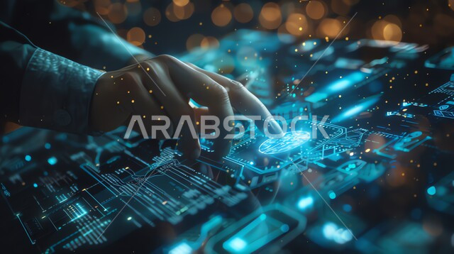 Digital transformation and technical progress, adopting modern techniques and technology at work, a Saudi technological future vision 2030, developing artificial intelligence technologies, achieving the industrial revolution, a close-up photo of the hand of a Saudi Gulf Arab man tapping on a holographic screen