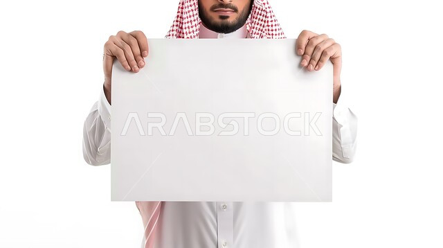 استخدام لوحات توضيحية ووسائل تعليمية، إعلانات وعروض تسويقية، موك اب مربع أبيض، بورتريه مقرب لشاب عربي خليجي سعودي يرتدي الثوب التقليدي والشماغ يحمل بيده لوحه بيضاء مربعه فارغة، خلفية بيضاء