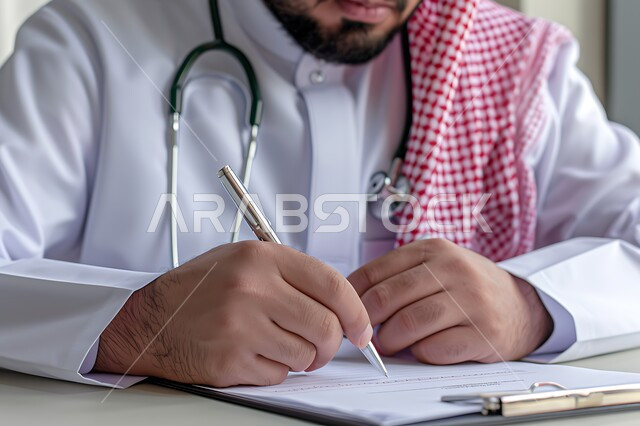 تدوين وتسجيل معلومات وملفات المرضى, مفهوم الرعاية الصحية في السعودية، بورتريه مقرب لطبيب عربي خليجي سعودي يرتدي الزي التقليدي والسماعة الطبية يقوم بالكتابة على ملف, تقديم الخدمات العلاجية في المراكز الطبية والمستشفيات
