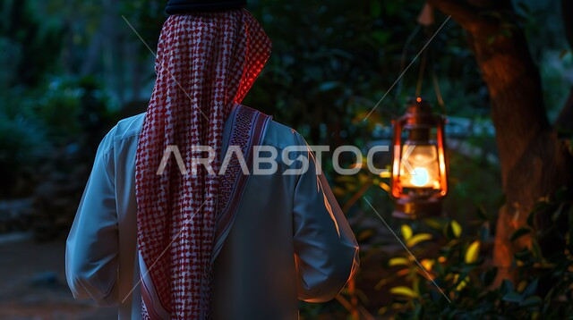 الأحتفال بالاعياد والمناسبات الدينية، صورة مقربة من الخلف لرجل عربي خليجي سعودي يرتدي الثوب التقليدي ينظر إلى مصباح معدني تقليدي معق على شجرة، استقبال شهر رمضان المبارك