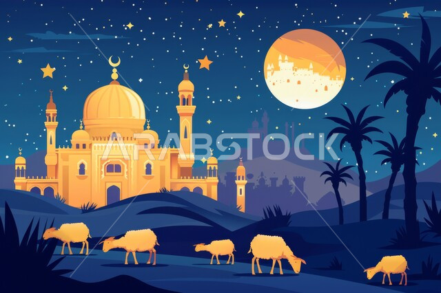 الفن الهندسي والمعماري للمساجد التاريخيه القديمه, منظر طبيعي للنجوم المتناثره حول القمر في السماء ليلا, خرفان عيد الأضحى المبارك, رسومات مساجد اسلاميه في وضع الليل، العباده واداء الصلاه في المساجد، خلفيات  التهنئة بالأعياد الإسلامية