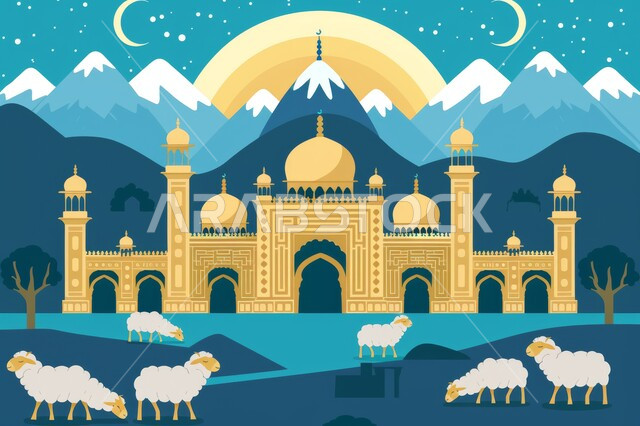 الفن الهندسي والمعماري للمساجد التاريخيه القديمه, منظر طبيعي للنجوم المتناثره حول القمر في السماء ليلا, خرفان عيد الأضحى المبارك, رسومات مساجد اسلاميه في وضع الليل، العباده واداء الصلاه في المساجد، خلفيات  التهنئة بالأعياد الإسلامية