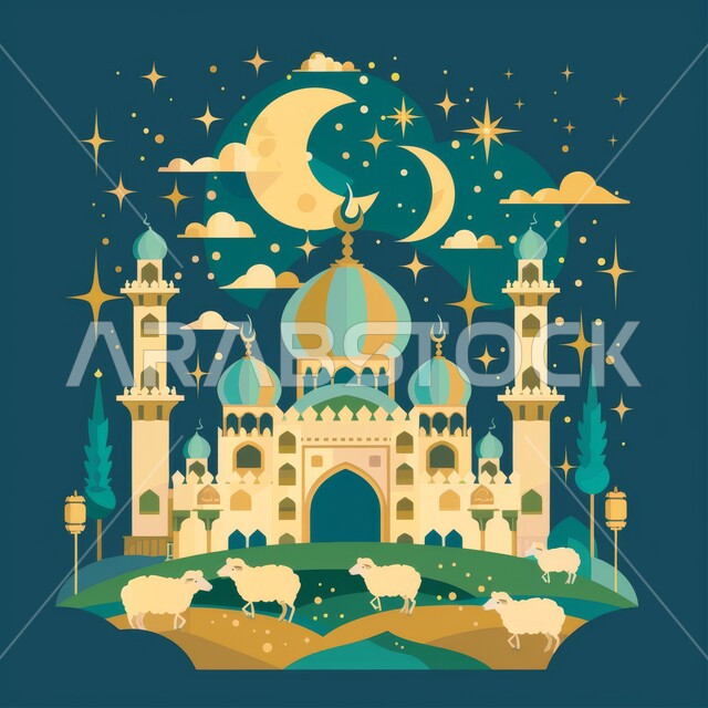 الفن الهندسي والمعماري للمساجد التاريخيه القديمه, منظر طبيعي للنجوم المتناثره حول القمر في السماء ليلا, خرفان عيد الأضحى المبارك, رسومات مساجد اسلاميه في وضع الليل، العباده واداء الصلاه في المساجد، خلفيات  التهنئة بالأعياد الإسلامية