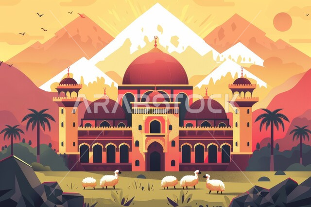 Drawings of historical mosques, domes and minarets throughout the ages, Islamic mosques and spirituality, design of congratulatory and greeting backgrounds on the occasion of Islamic holidays, Eid al-Adha, Islamic religious designs