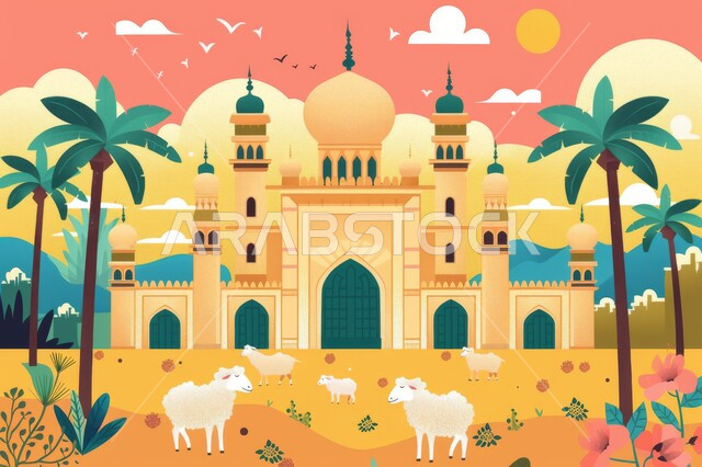 رسوم للمساجد والقبب والمآذن التاريخية عبر العصور, مساجد إسلامية وروحانيات,  تصميم خلفيات تهنئة و معايدة بمناسبة الأعياد الإسلامية، عيد الأضحى المبارك، تصاميم دينية اسلامية