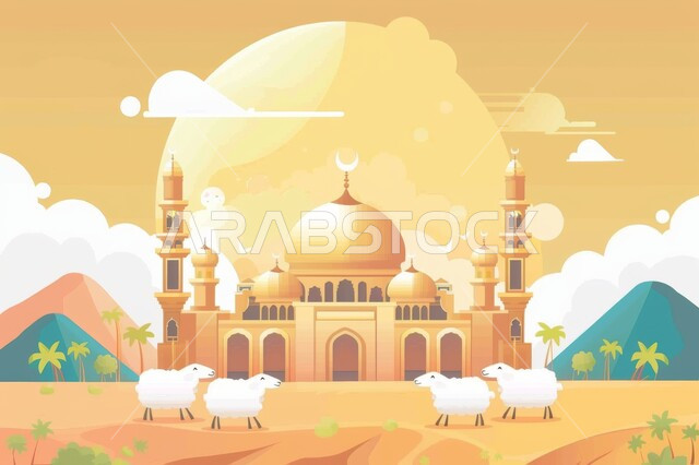 رسوم للمساجد والقبب والمآذن التاريخية عبر العصور, مساجد إسلامية وروحانيات,  تصميم خلفيات تهنئة و معايدة بمناسبة الأعياد الإسلامية، عيد الأضحى المبارك، تصاميم دينية اسلامية