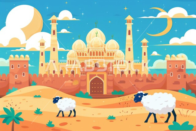 رسوم للمساجد والقبب والمآذن التاريخية عبر العصور, مساجد إسلامية وروحانيات,  تصميم خلفيات تهنئة و معايدة بمناسبة الأعياد الإسلامية، عيد الأضحى المبارك، تصاميم دينية اسلامية