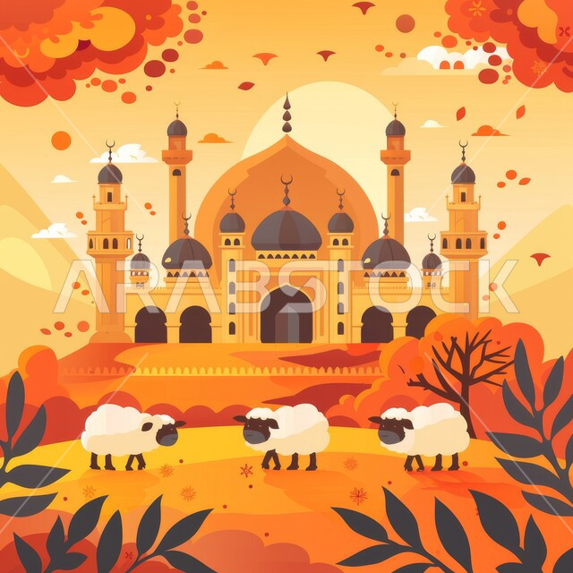 رسوم للمساجد والقبب والمآذن التاريخية عبر العصور, مساجد إسلامية وروحانيات,  تصميم خلفيات تهنئة و معايدة بمناسبة الأعياد الإسلامية، عيد الأضحى المبارك، تصاميم دينية اسلامية