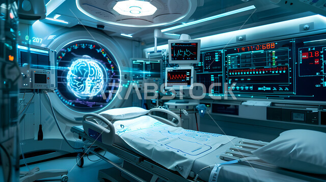 تصميم ثلاثي الابعاد لغرفه طبيه حديثه لفحص وتشخيص المرضى في المستشفى، غرف العمليات الجراحيه المجهزة بشاشات هولوجرامية، سرير إلكتروني طبي كهربائي للمريض، حجره مجهزه بالأدوات والأجهزة الطبيه الحديثه، استخدام التقنيه وتكنولوجيا الذكاء الصناعي في العلاج والطب الحديث