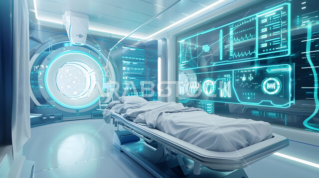 غرف العمليات الجراحيه المجهزة بشاشات هولوجرامية، تصميم ثلاثي الابعاد لغرفه طبيه حديثه لفحص وتشخيص المرضى في المستشفى، سرير إلكتروني طبي كهربائي للمريض، حجره مجهزه بالأدوات والأجهزة الطبيه الحديثه، استخدام التقنيه وتكنولوجيا الذكاء الصناعي في العلاج والطب الحديث