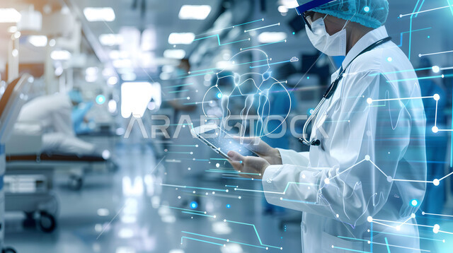شبكة البيانات الضخمة والتحول الرقمي، تطور التكنولوجيا الحديثة في مجال الرعاية الصحية، رؤية سعودية مستقبلية 2030، صورة مقربة من الجانب لطبيبة عربية خليجية سعودية ترتدي معطف وسماعة طبية تحمل بيدها جهاز لوحي