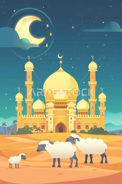 رسوم لمساجد إسلامية، الفن الهندسي المعماري على الطراز الاسلامي، هلال شهر رمضان المبارك، اجواء اسلامية روحانية، خلفية دينية رمضانية، السماء المليئة بالنجوم اللامعة, أماكن العبادات والتقرب من الله