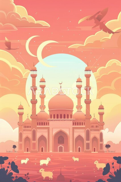 رسوم لمساجد إسلامية، الفن الهندسي المعماري على الطراز الاسلامي، هلال شهر رمضان المبارك، اجواء اسلامية روحانية، خلفية دينية رمضانية، السماء المليئة بالنجوم اللامعة, أماكن العبادات والتقرب من الله