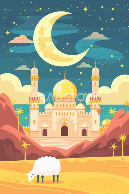 رسوم لمساجد إسلامية، الفن الهندسي المعماري على الطراز الاسلامي، هلال شهر رمضان المبارك، اجواء اسلامية روحانية، خلفية دينية رمضانية، السماء المليئة بالنجوم اللامعة, أماكن العبادات والتقرب من الله