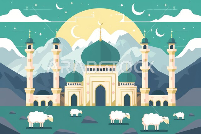 رسوم لمساجد إسلامية، الفن الهندسي المعماري على الطراز الاسلامي، هلال شهر رمضان المبارك، اجواء اسلامية روحانية، خلفية دينية رمضانية، السماء المليئة بالنجوم اللامعة, أماكن العبادات والتقرب من الله