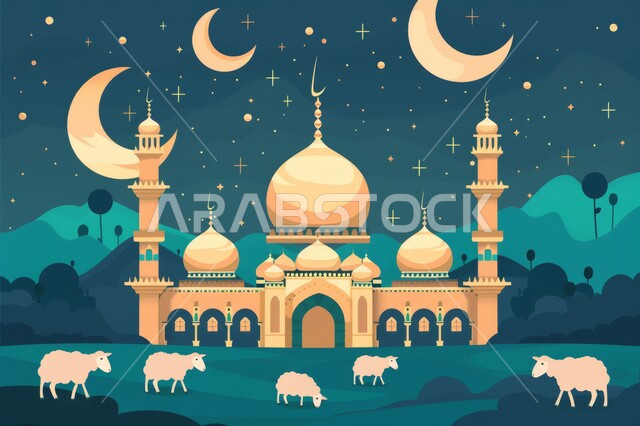 رسوم لمساجد إسلامية، الفن الهندسي المعماري على الطراز الاسلامي، هلال شهر رمضان المبارك، اجواء اسلامية روحانية، خلفية دينية رمضانية، السماء المليئة بالنجوم اللامعة, أماكن العبادات والتقرب من الله