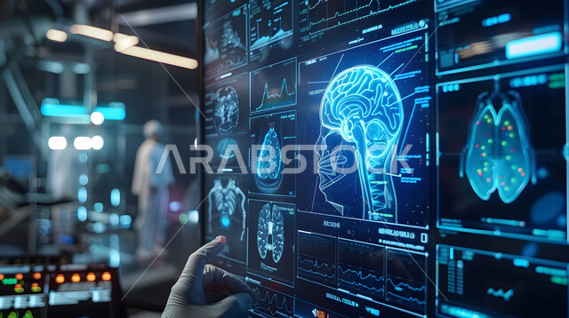 استخدام التقنية والتكنولوجيا في البحث الصحي, رؤية سعودية مستقبلية 2030، التطور والتقدم في المجال الطبي، غرفة مجهزة بالأدوات والشاشات الرقمية للتشخيص والعلاج، صورة مقربة لشاشة تعرض صورة مقطعية للجمجمة