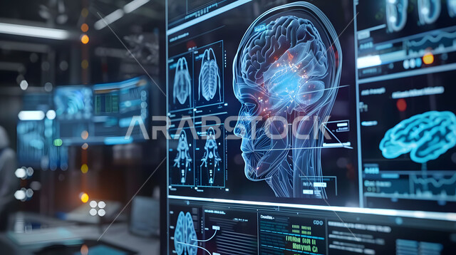 رؤية سعودية مستقبلية 2030، استخدام التقنية والتكنولوجيا في البحث الصحي, التطور والتقدم في المجال الطبي، غرفة مجهزة بالأدوات والشاشات الرقمية للتشخيص والعلاج، صورة مقربة لشاشة تعرض صورة مقطعية للجمجمة
