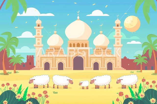 أماكن إسلامية دينية, رسوم توضيحية لمسجد تاريخي، خرفان وقربان عيد الأضحى المبارك ، الفن الهندسي المعماري على الطراز الاسلامي للمساجد, العبادات الدينية والروحانية, أعياد المسلمين المبهجة
