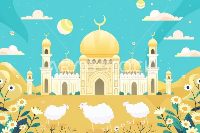 Islamic religious places, illustrations of a historic mosque, sheep and offerings of Eid al-Adha, architectural geometric art in the Islamic style of mosques, religious and spiritual worship, joyful Muslim holidays