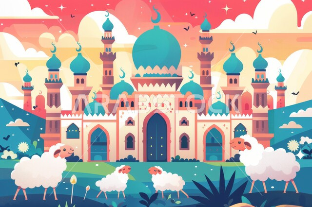 أماكن إسلامية دينية, رسوم توضيحية لمسجد تاريخي، خرفان وقربان عيد الأضحى المبارك ، الفن الهندسي المعماري على الطراز الاسلامي للمساجد, العبادات الدينية والروحانية, أعياد المسلمين المبهجة