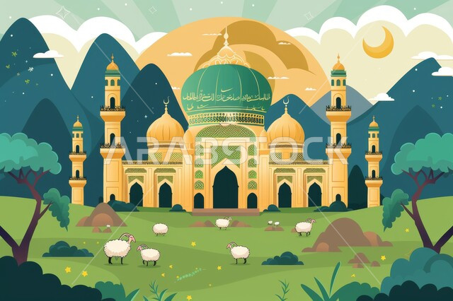 أماكن إسلامية دينية, رسوم توضيحية لمسجد تاريخي، خرفان وقربان عيد الأضحى المبارك ، الفن الهندسي المعماري على الطراز الاسلامي للمساجد, العبادات الدينية والروحانية, أعياد المسلمين المبهجة