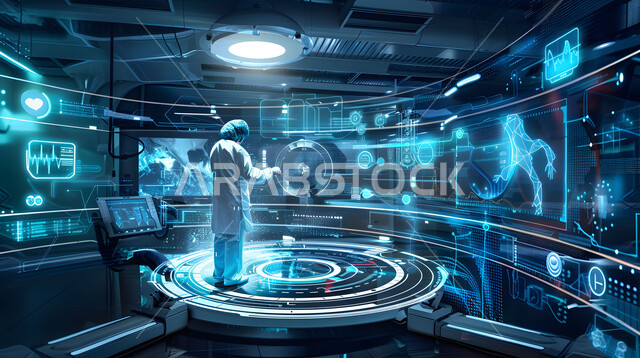 التطور والتقدم في المجال الطبي، استخدام التقنية والتكنولوجيا في البحث الصحي, رؤية سعودية مستقبلية 2030، طبيب عربي خليجي سعودي يرتدي زي الوقاية يقف في وسط غرفة مجهزة بالأدوات والشاشات الرقمية للتشخيص والعلاج