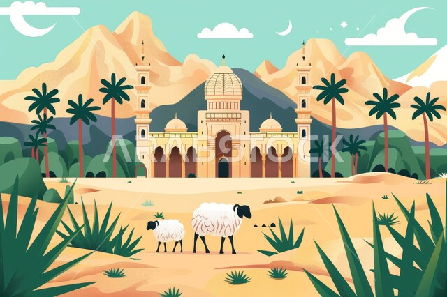 تصميم المساجد على الطراز المعماري الاسلامي, رسوم لمسجد جميل بألوان زاهية, الخرفان وقرابين عيد الأضحى, الأشجار الخضراء المثمرة, مناسبات وأعياد إسلامية, أماكن عبادة الله والتقرب منه