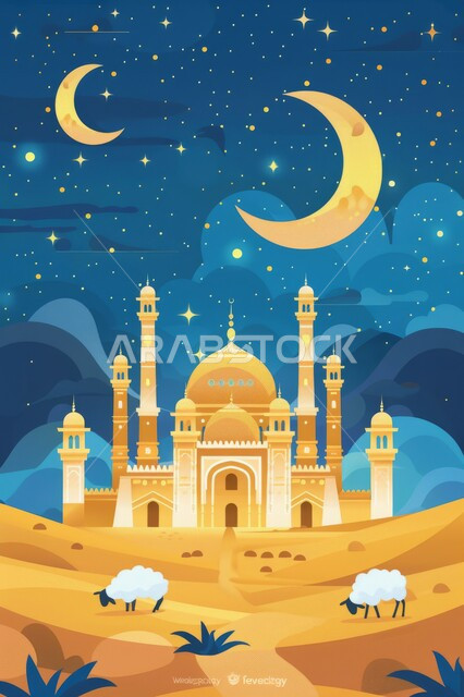 منظر السماء بهلال شهر رمضان الكريم والنجوم تلمع من حوله، رسوم توضيحية لمسجد في المملكة العربية السعودية، الفن الهندسي المعماري على الطراز الاسلامي للمساجد، شهر رمضان المبارك، اجواء اسلامية روحانية، خلفية دينية رمضانية
