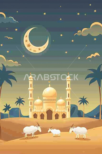 منظر السماء بهلال شهر رمضان الكريم والنجوم تلمع من حوله، رسوم توضيحية لمسجد في المملكة العربية السعودية، الفن الهندسي المعماري على الطراز الاسلامي للمساجد، شهر رمضان المبارك، اجواء اسلامية روحانية، خلفية دينية رمضانية