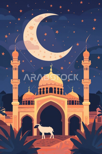 منظر السماء بهلال شهر رمضان الكريم والنجوم تلمع من حوله، رسوم توضيحية لمسجد في المملكة العربية السعودية، الفن الهندسي المعماري على الطراز الاسلامي للمساجد، شهر رمضان المبارك، اجواء اسلامية روحانية، خلفية دينية رمضانية