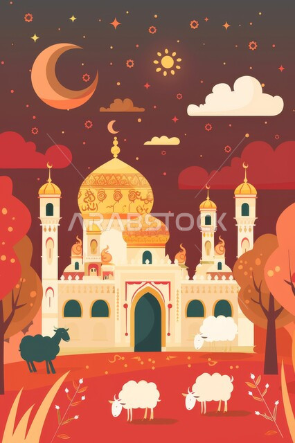 منظر السماء بهلال شهر رمضان الكريم والنجوم تلمع من حوله، رسوم توضيحية لمسجد في المملكة العربية السعودية، الفن الهندسي المعماري على الطراز الاسلامي للمساجد، شهر رمضان المبارك، اجواء اسلامية روحانية، خلفية دينية رمضانية