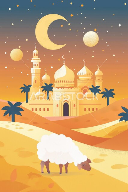 منظر السماء بهلال شهر رمضان الكريم والنجوم تلمع من حوله، رسوم توضيحية لمسجد في المملكة العربية السعودية، الفن الهندسي المعماري على الطراز الاسلامي للمساجد، شهر رمضان المبارك، اجواء اسلامية روحانية، خلفية دينية رمضانية