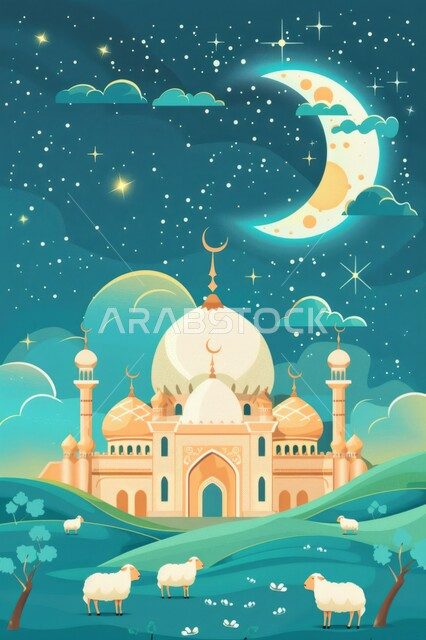 منظر السماء بهلال شهر رمضان الكريم والنجوم تلمع من حوله، رسوم توضيحية لمسجد في المملكة العربية السعودية، الفن الهندسي المعماري على الطراز الاسلامي للمساجد، شهر رمضان المبارك، اجواء اسلامية روحانية، خلفية دينية رمضانية