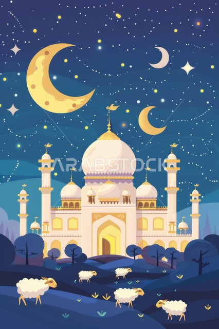 منظر السماء بهلال شهر رمضان الكريم والنجوم تلمع من حوله، رسوم توضيحية لمسجد في المملكة العربية السعودية، الفن الهندسي المعماري على الطراز الاسلامي للمساجد، شهر رمضان المبارك، اجواء اسلامية روحانية، خلفية دينية رمضانية