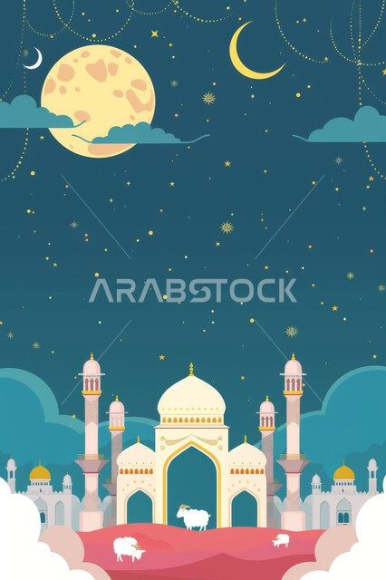منظر السماء بهلال شهر رمضان الكريم والنجوم تلمع من حوله، رسوم توضيحية لمسجد في المملكة العربية السعودية، الفن الهندسي المعماري على الطراز الاسلامي للمساجد، شهر رمضان المبارك، اجواء اسلامية روحانية، خلفية دينية رمضانية