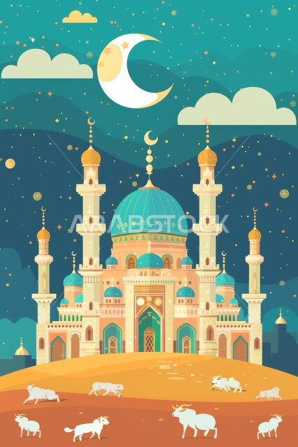 منظر السماء بهلال شهر رمضان الكريم والنجوم تلمع من حوله، رسوم توضيحية لمسجد في المملكة العربية السعودية، الفن الهندسي المعماري على الطراز الاسلامي للمساجد، شهر رمضان المبارك، اجواء اسلامية روحانية، خلفية دينية رمضانية