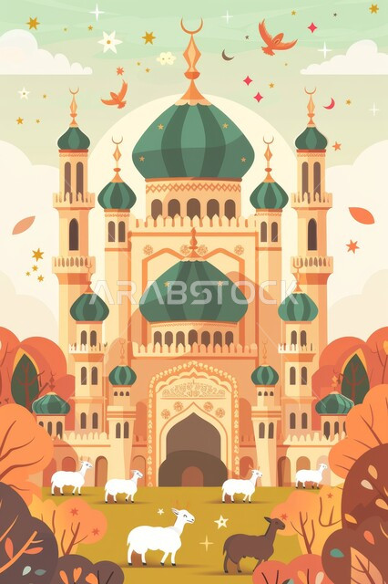 رسوم لمسجد بألوان بديعة, تصميم معماري تاريخي, مسجد على الطراز الإسلامي, مآذن وقبب شامخة, خلفية بطبيعة جميلة والخرفان البيضاء, مقدسات إسلامية دينية، مكان العبادة والصلاة, قرابين عيد الأضحى